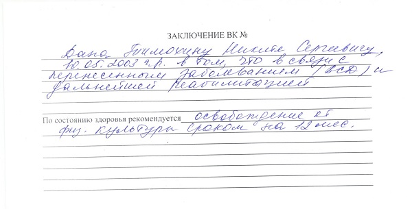 Справка освобождение от физкультуры